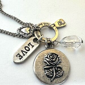 SM Rose Heart Faith Hope Love Charms Pendant Necklace Silver Tone Chain